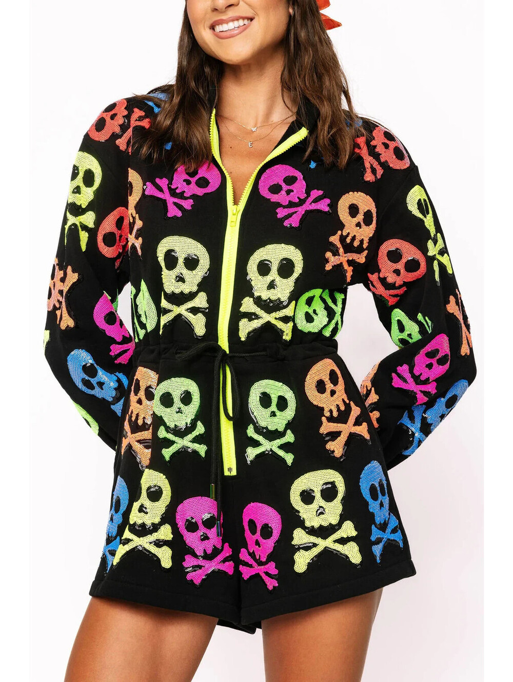 QUEEN OF SPARKLES BLACK NEON SKULL & CROSSBONES LONG SLEEVE ROMPER SIZE SMALL